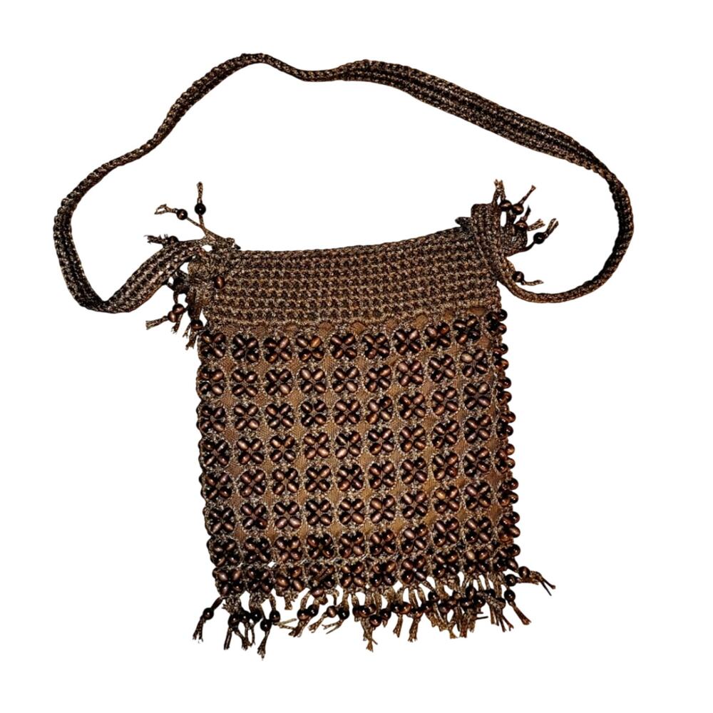 Boho Crossbody Beaded Fringed Brown Bag Purse Crossbody HIppie Knit Garay